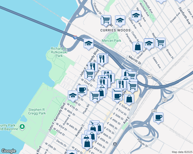 map of restaurants, bars, coffee shops, grocery stores, and more near 300 Avenue B in Bayonne