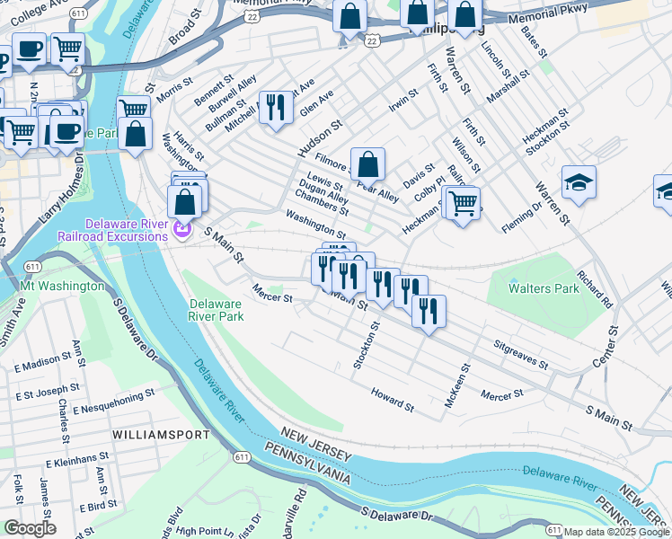 map of restaurants, bars, coffee shops, grocery stores, and more near 33 Sitgreaves Street in Phillipsburg