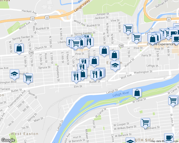 map of restaurants, bars, coffee shops, grocery stores, and more near 1125 Lehigh Street in Easton
