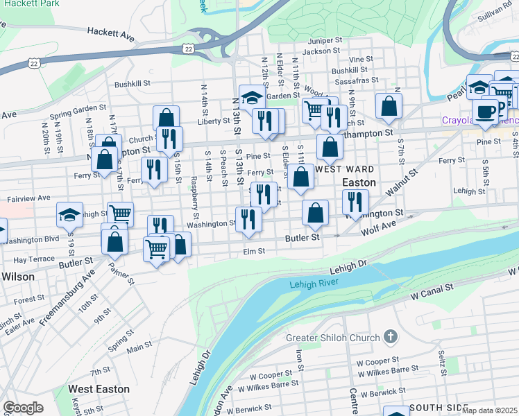 map of restaurants, bars, coffee shops, grocery stores, and more near 1215 Lehigh Street in Easton