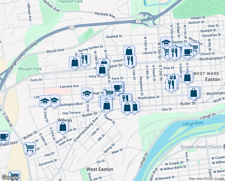 map of restaurants, bars, coffee shops, grocery stores, and more near 137 South 17th Street in Easton