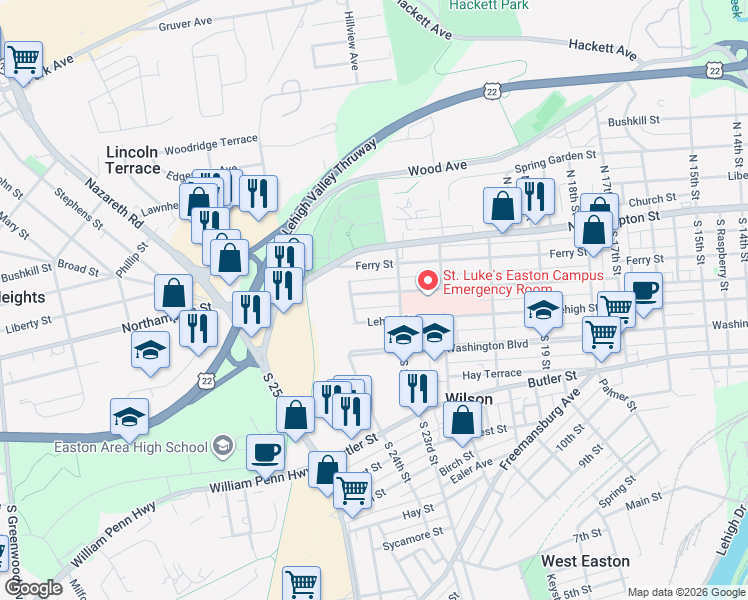map of restaurants, bars, coffee shops, grocery stores, and more near 2237 Fairview Avenue in Easton