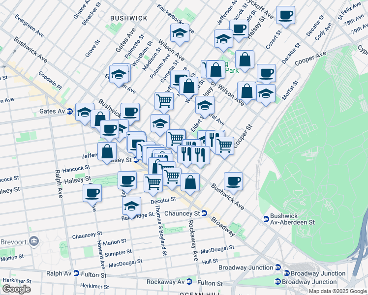 map of restaurants, bars, coffee shops, grocery stores, and more near 89 Eldert Street in Brooklyn