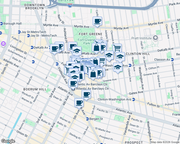 map of restaurants, bars, coffee shops, grocery stores, and more near Lafayette Ave & S Portland Ave in Brooklyn