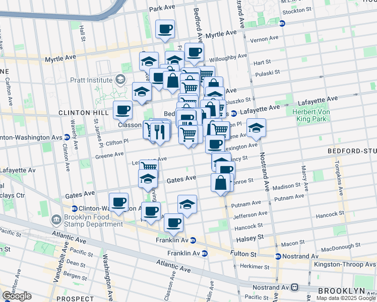 map of restaurants, bars, coffee shops, grocery stores, and more near 340 Greene Avenue in Brooklyn