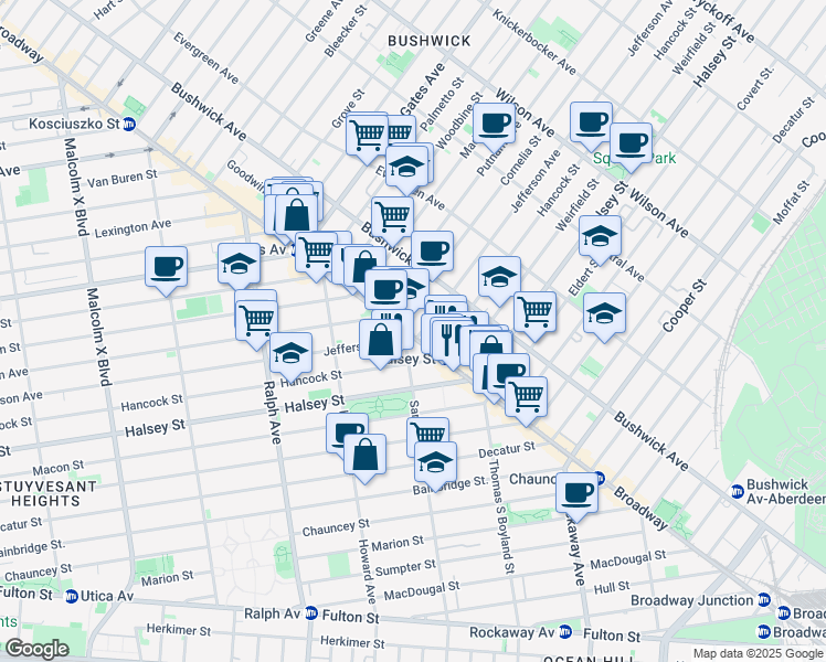 map of restaurants, bars, coffee shops, grocery stores, and more near 1045 Jefferson Avenue in Brooklyn