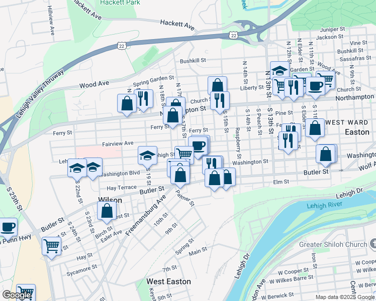 map of restaurants, bars, coffee shops, grocery stores, and more near 137 South 17th Street in Easton
