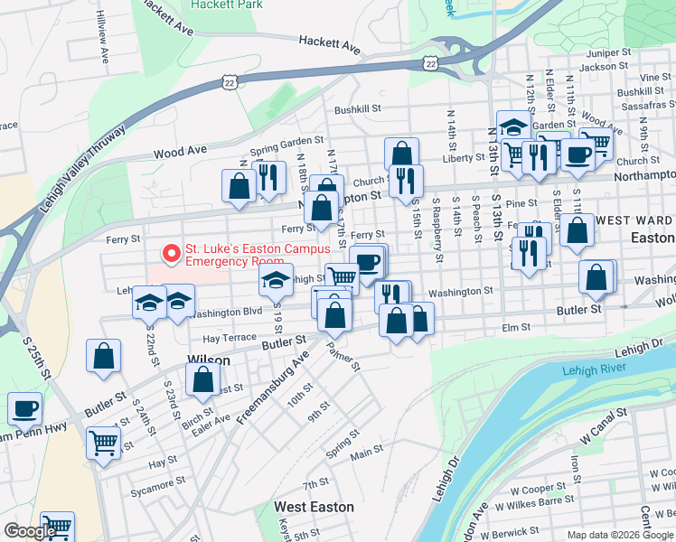 map of restaurants, bars, coffee shops, grocery stores, and more near 137 South 17th Street in Easton