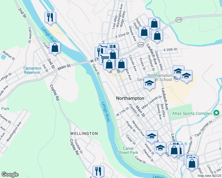 map of restaurants, bars, coffee shops, grocery stores, and more near 1801 Newport Avenue in Northampton
