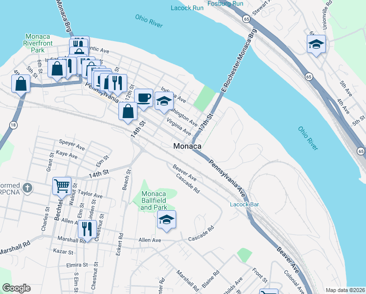 map of restaurants, bars, coffee shops, grocery stores, and more near 1548 Pennsylvania Avenue in Monaca