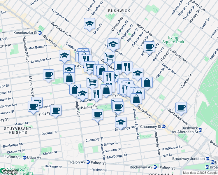 map of restaurants, bars, coffee shops, grocery stores, and more near 1485 Broadway in Brooklyn