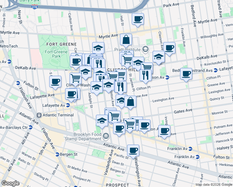 map of restaurants, bars, coffee shops, grocery stores, and more near 255 Lafayette Avenue in Brooklyn