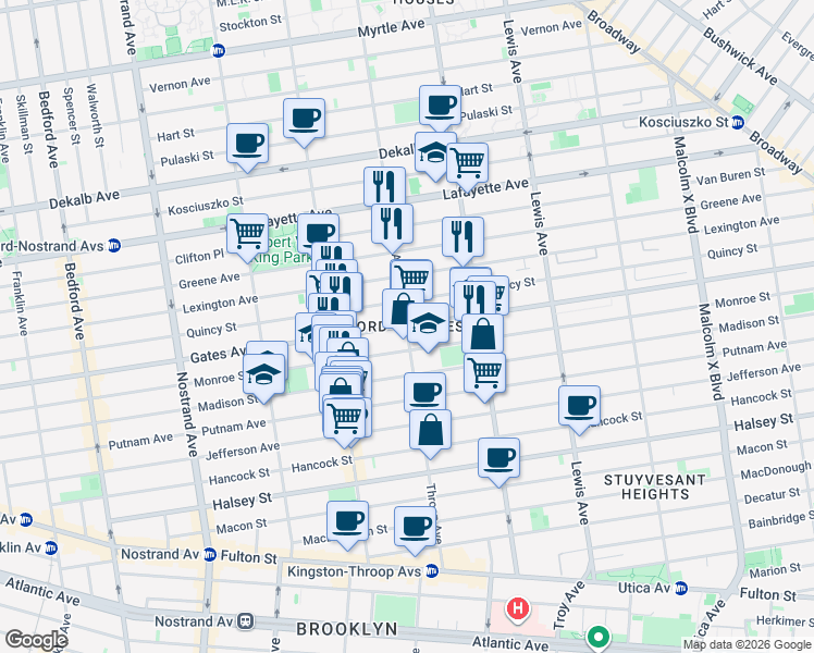 map of restaurants, bars, coffee shops, grocery stores, and more near Gates Avenue & Throop Avenue in Brooklyn