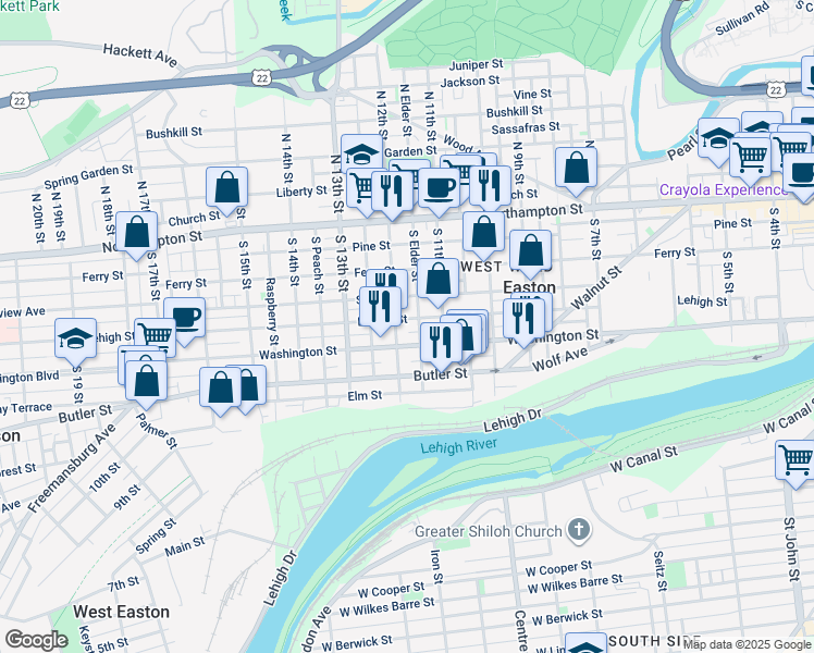 map of restaurants, bars, coffee shops, grocery stores, and more near 1142 Lehigh Street in Easton