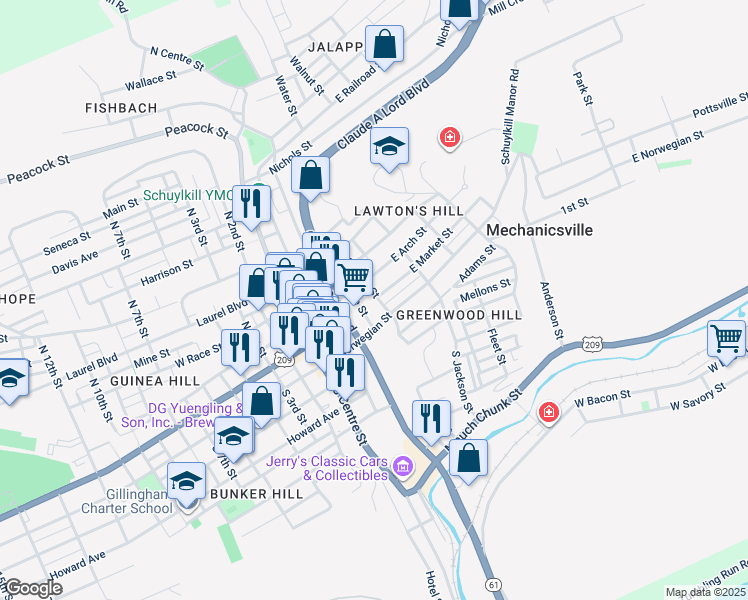 map of restaurants, bars, coffee shops, grocery stores, and more near 105 North George Street in Pottsville