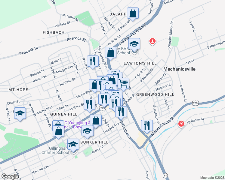 map of restaurants, bars, coffee shops, grocery stores, and more near 200 East Arch Street in Pottsville