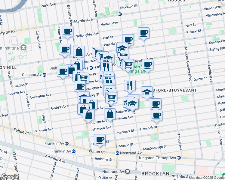 map of restaurants, bars, coffee shops, grocery stores, and more near 263 Quincy Street in Brooklyn