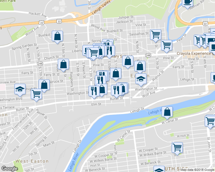 map of restaurants, bars, coffee shops, grocery stores, and more near 1142 Lehigh Street in Easton