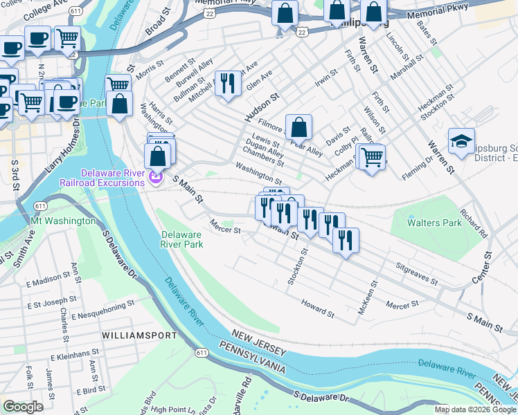 map of restaurants, bars, coffee shops, grocery stores, and more near 33 Sitgreaves Street in Phillipsburg