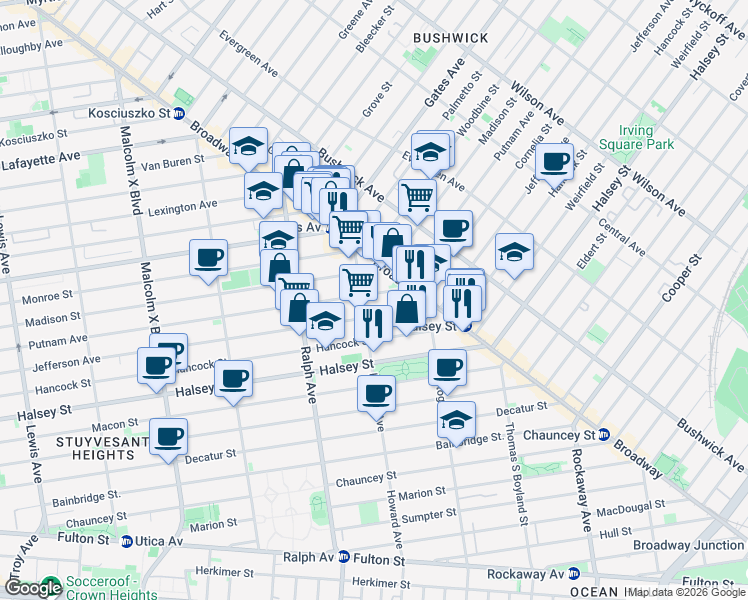 map of restaurants, bars, coffee shops, grocery stores, and more near 1040 Putnam Avenue in Brooklyn
