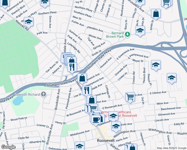 map of restaurants, bars, coffee shops, grocery stores, and more near 79 East Greenwich Avenue in Roosevelt