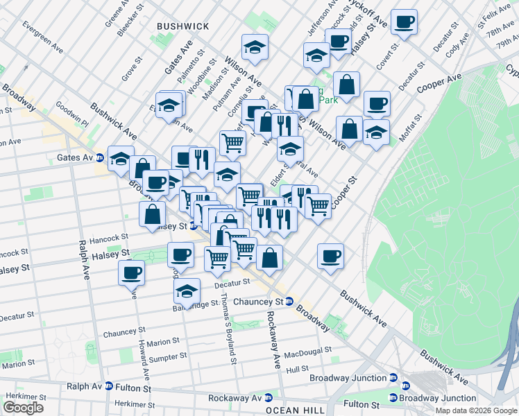 map of restaurants, bars, coffee shops, grocery stores, and more near 82 Eldert Street in Brooklyn