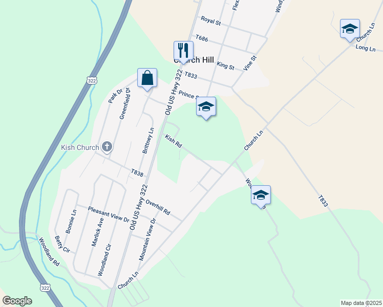 map of restaurants, bars, coffee shops, grocery stores, and more near Kish Road in Mifflin County
