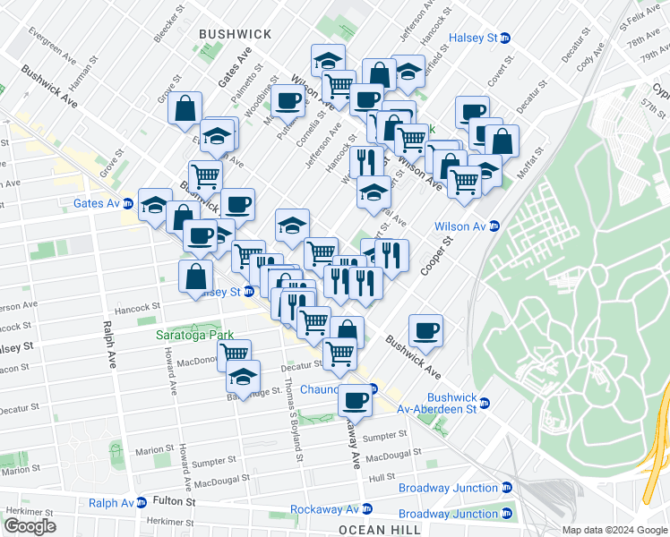 map of restaurants, bars, coffee shops, grocery stores, and more near 82 Eldert Street in Brooklyn