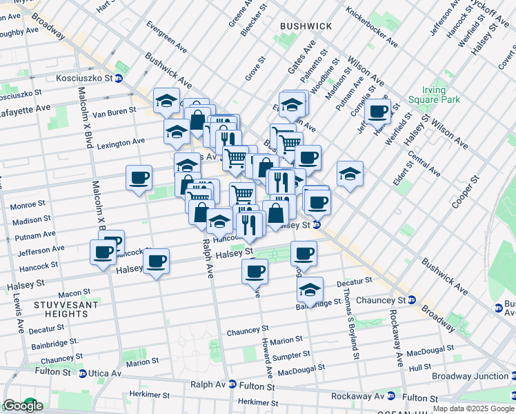 map of restaurants, bars, coffee shops, grocery stores, and more near 1021 Putnam Avenue in Brooklyn
