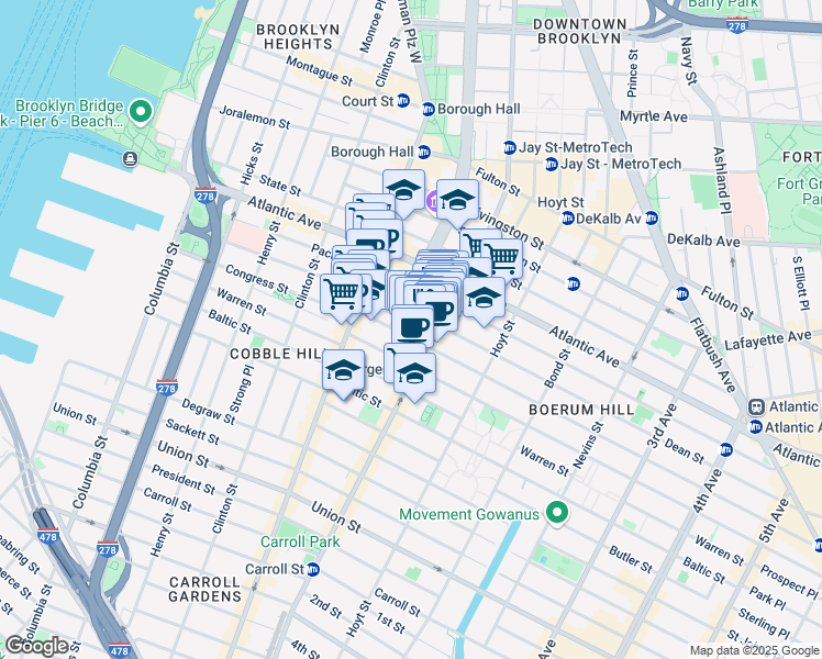 map of restaurants, bars, coffee shops, grocery stores, and more near 66 Dean Street in Brooklyn