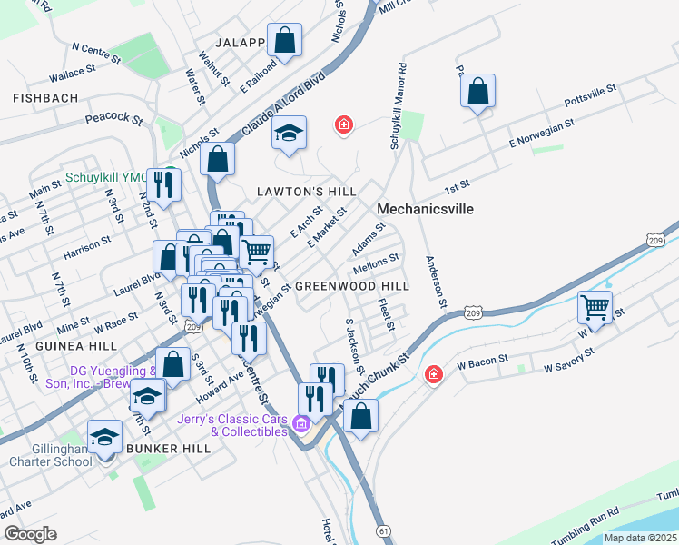 map of restaurants, bars, coffee shops, grocery stores, and more near 24 South Jackson Street in Pottsville