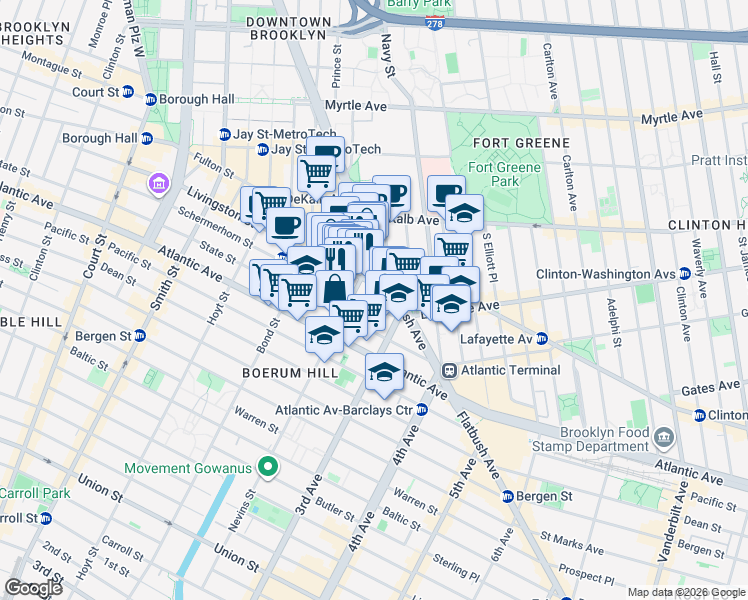 map of restaurants, bars, coffee shops, grocery stores, and more near 333 Schermerhorn Street in Brooklyn
