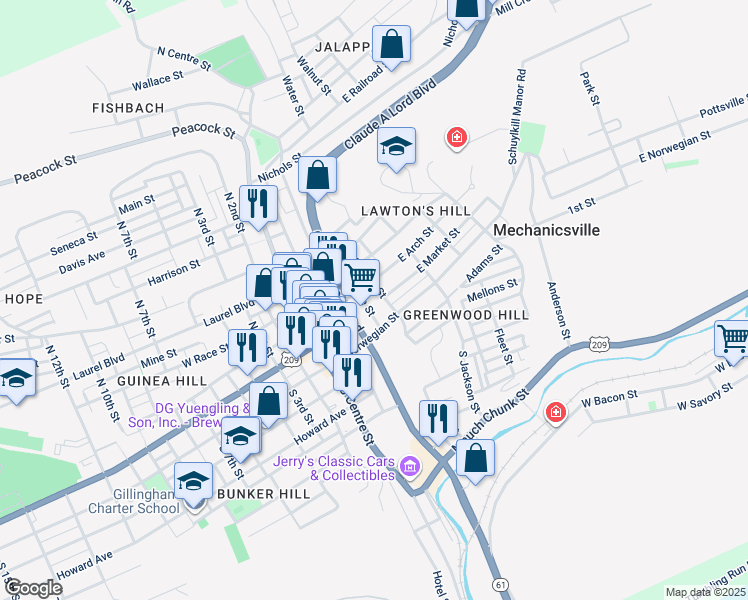 map of restaurants, bars, coffee shops, grocery stores, and more near 105 North George Street in Pottsville