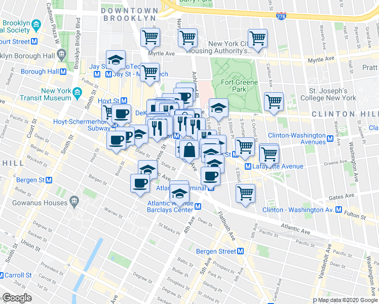 map of restaurants, bars, coffee shops, grocery stores, and more near 55 Flatbush Avenue in Brooklyn