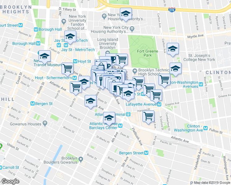 map of restaurants, bars, coffee shops, grocery stores, and more near 96 Rockwell Place in Brooklyn
