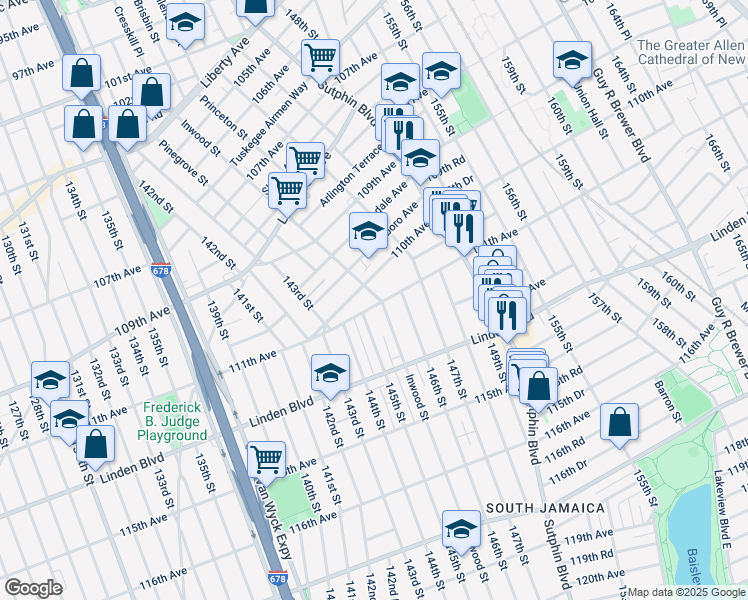 map of restaurants, bars, coffee shops, grocery stores, and more near 143-32 Brinkerhoff Avenue in Queens