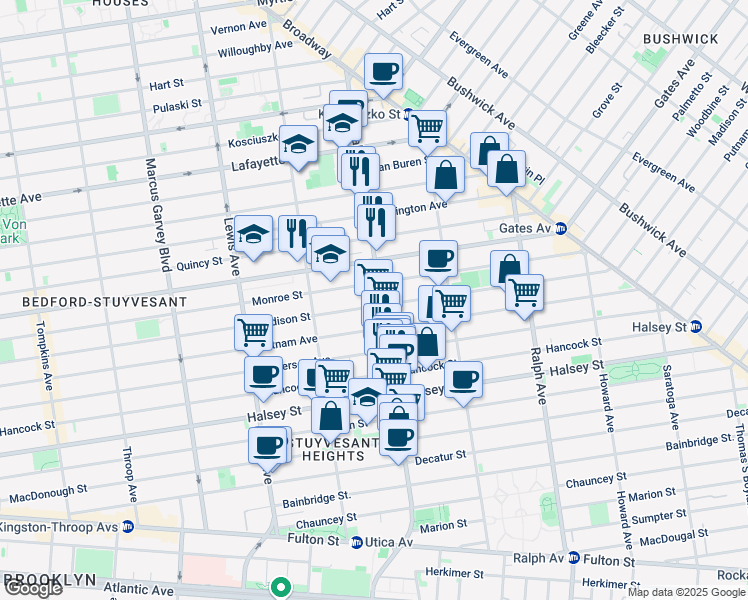 map of restaurants, bars, coffee shops, grocery stores, and more near 656 Monroe Street in Brooklyn
