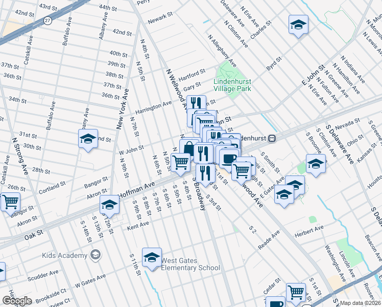 map of restaurants, bars, coffee shops, grocery stores, and more near 150 North Broadway in Lindenhurst