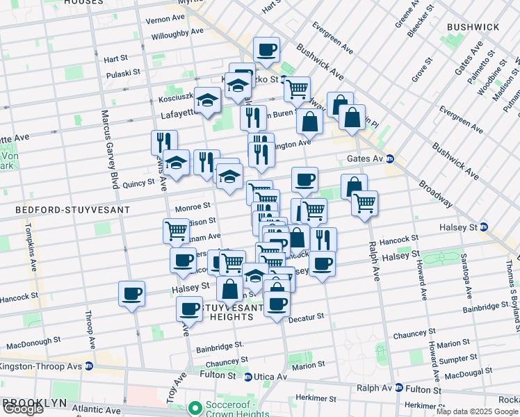 map of restaurants, bars, coffee shops, grocery stores, and more near 180 Malcolm X Boulevard in Brooklyn