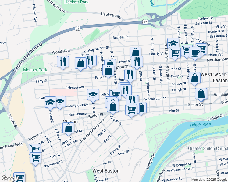 map of restaurants, bars, coffee shops, grocery stores, and more near 143 South 17th Street in Easton