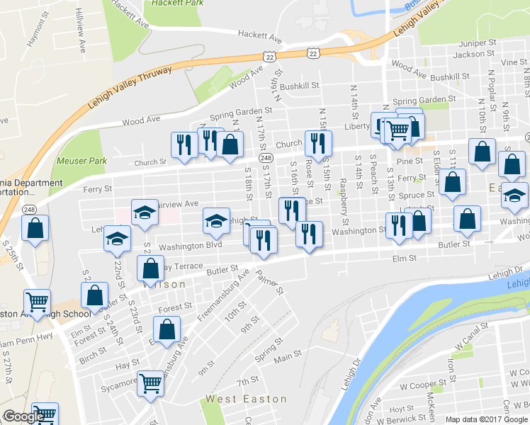 map of restaurants, bars, coffee shops, grocery stores, and more near 143 South 17th Street in Easton
