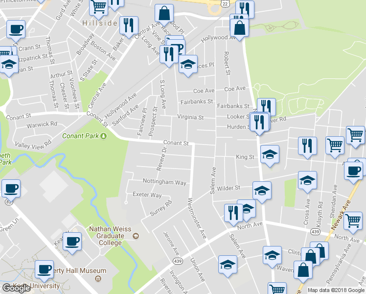 map of restaurants, bars, coffee shops, grocery stores, and more near 158 Conant Street in Hillside