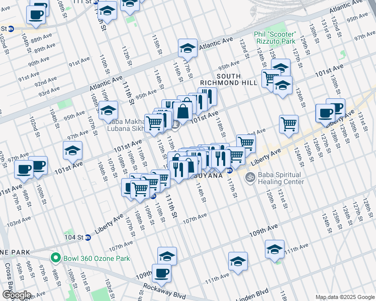 map of restaurants, bars, coffee shops, grocery stores, and more near 101-57 115th Street in Queens