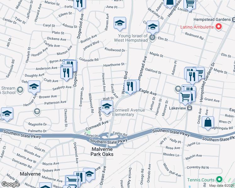 map of restaurants, bars, coffee shops, grocery stores, and more near 699 Euclid Avenue in West Hempstead