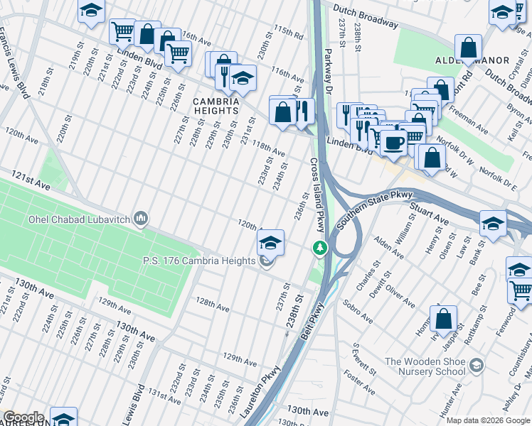 map of restaurants, bars, coffee shops, grocery stores, and more near 119-17 234th Street in Queens