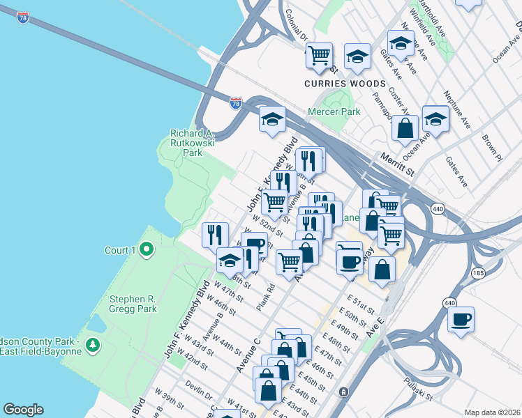 map of restaurants, bars, coffee shops, grocery stores, and more near 1183 John F. Kennedy Boulevard in Bayonne
