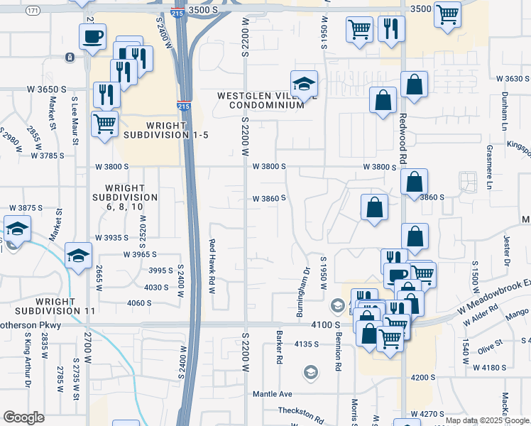 map of restaurants, bars, coffee shops, grocery stores, and more near 3881 Madill Circle in West Valley City