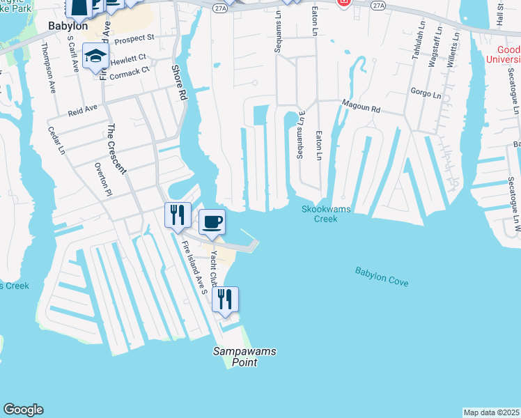 map of restaurants, bars, coffee shops, grocery stores, and more near 161 Sequams Lane West in West Islip
