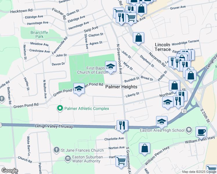 map of restaurants, bars, coffee shops, grocery stores, and more near 2850 Green Pond Road in Easton