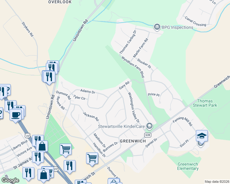 map of restaurants, bars, coffee shops, grocery stores, and more near 1831 Gary Road in Stewartsville